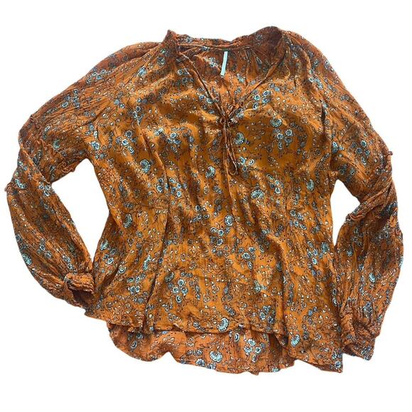 Free People‎ FP Flowy Sheer Boho Orange Floral Blouse Large Tie Front - Picture 1 of 5